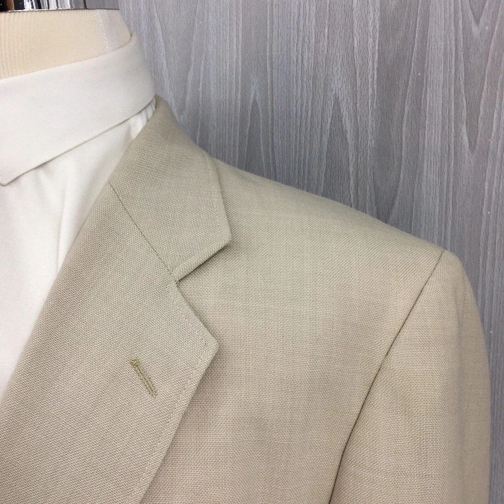 John Weitz Mens Beige Hopsack Blazer Gold Crest Buttons Sport Coat Tan